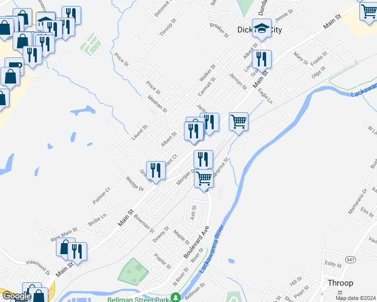 map of restaurants, bars, coffee shops, grocery stores, and more near 711 Grant Ct in Dickson City
