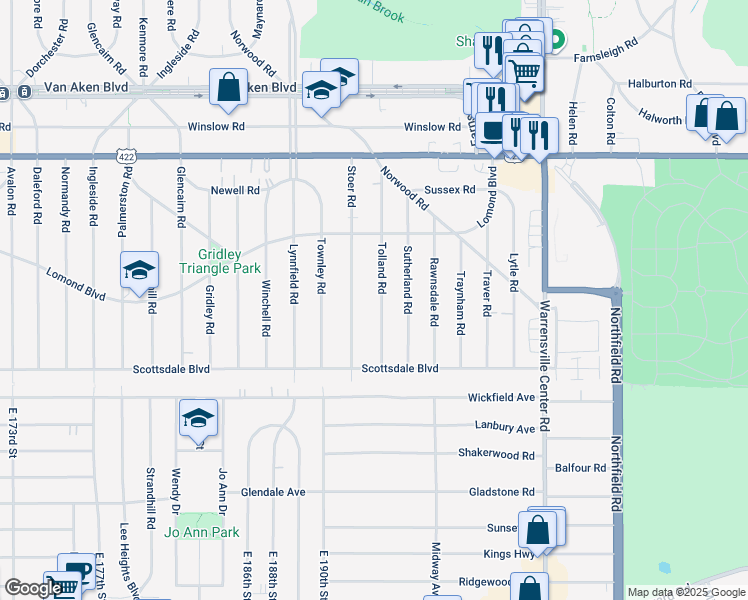 map of restaurants, bars, coffee shops, grocery stores, and more near 3661 Tolland Road in Shaker Heights