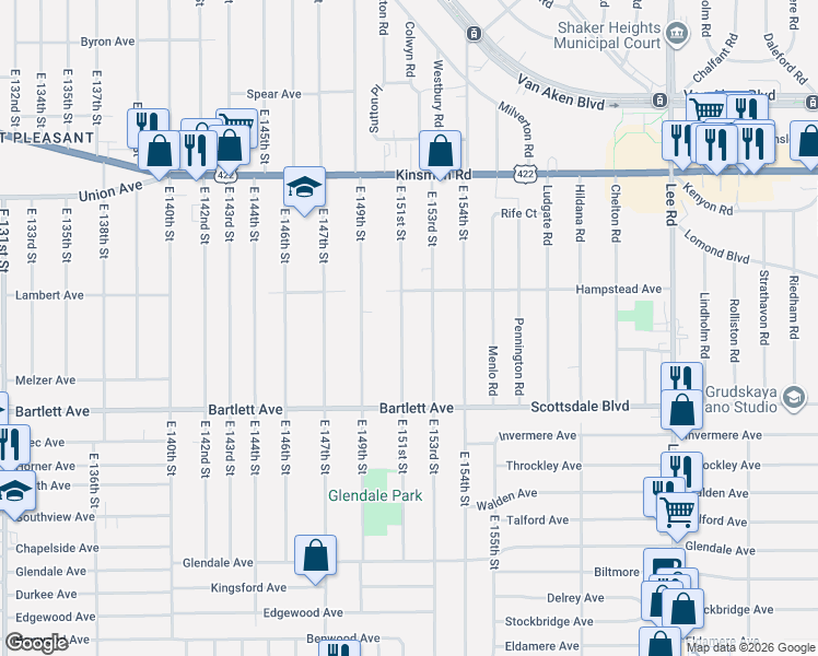 map of restaurants, bars, coffee shops, grocery stores, and more near 3656 East 151st Street in Cleveland