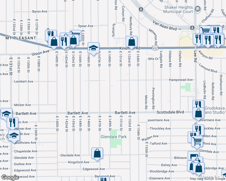 map of restaurants, bars, coffee shops, grocery stores, and more near 3656 East 151st Street in Cleveland