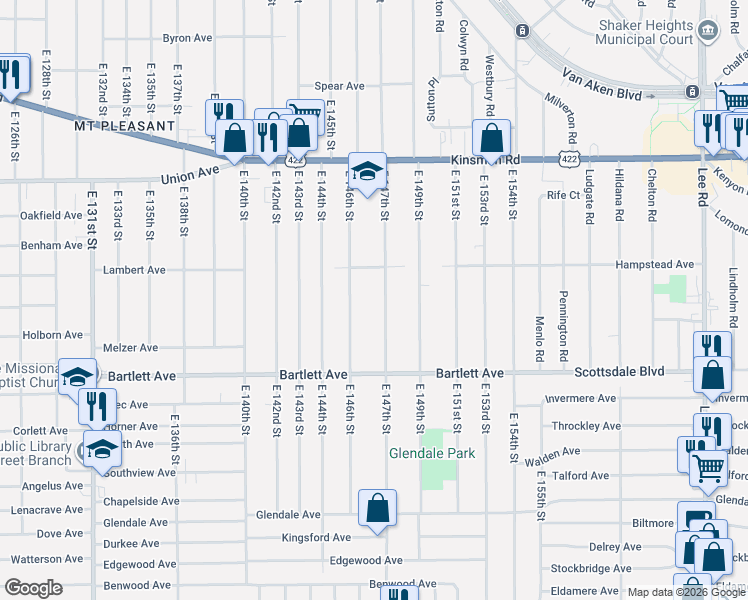 map of restaurants, bars, coffee shops, grocery stores, and more near 3656 East 147th Street in Cleveland