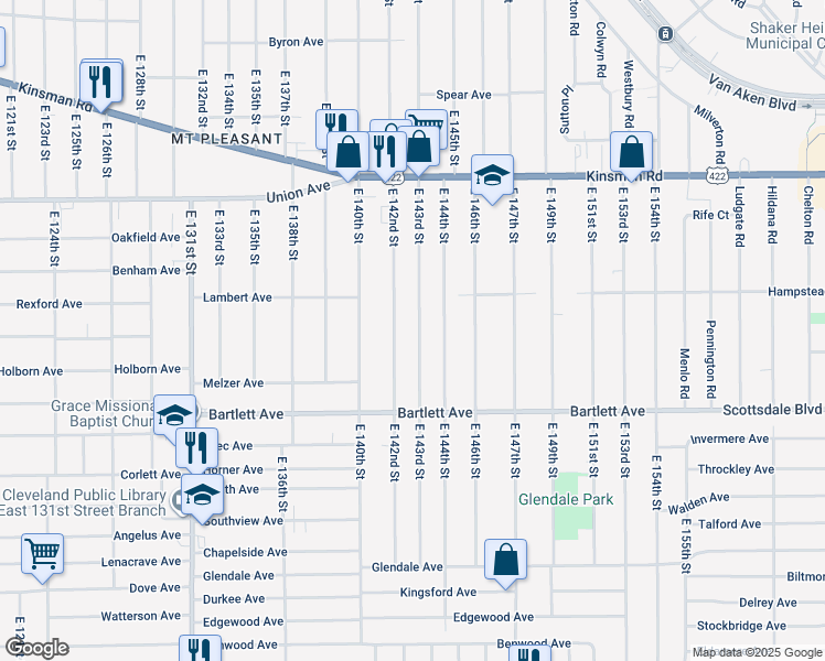map of restaurants, bars, coffee shops, grocery stores, and more near 3653 East 143rd Street in Cleveland