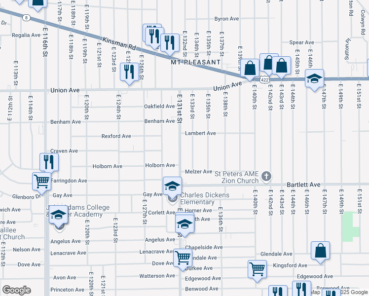 map of restaurants, bars, coffee shops, grocery stores, and more near 3633 East 131st Street in Cleveland