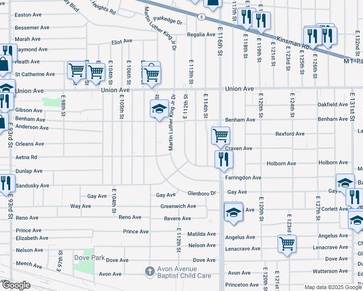 map of restaurants, bars, coffee shops, grocery stores, and more near 3629 East 112th Street in Cleveland