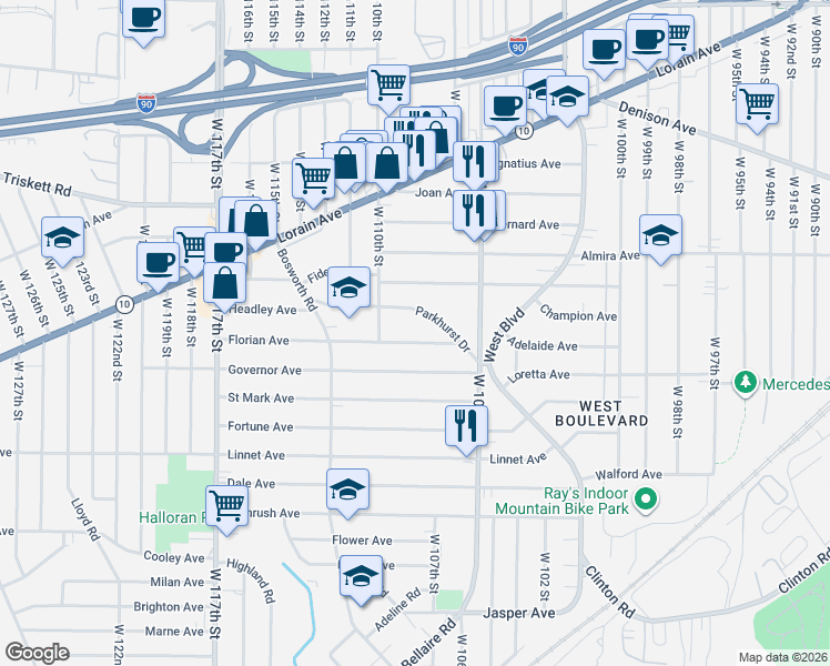 map of restaurants, bars, coffee shops, grocery stores, and more near 10902 Florian Avenue in Cleveland