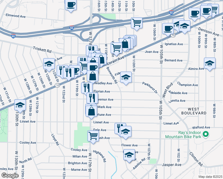 map of restaurants, bars, coffee shops, grocery stores, and more near 11400 Florian Avenue in Cleveland