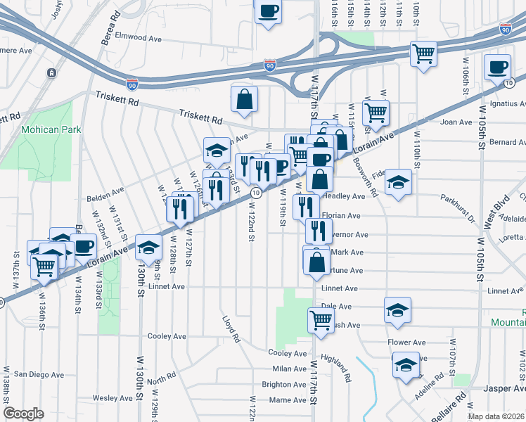 map of restaurants, bars, coffee shops, grocery stores, and more near 3403 West 122nd Street in Cleveland