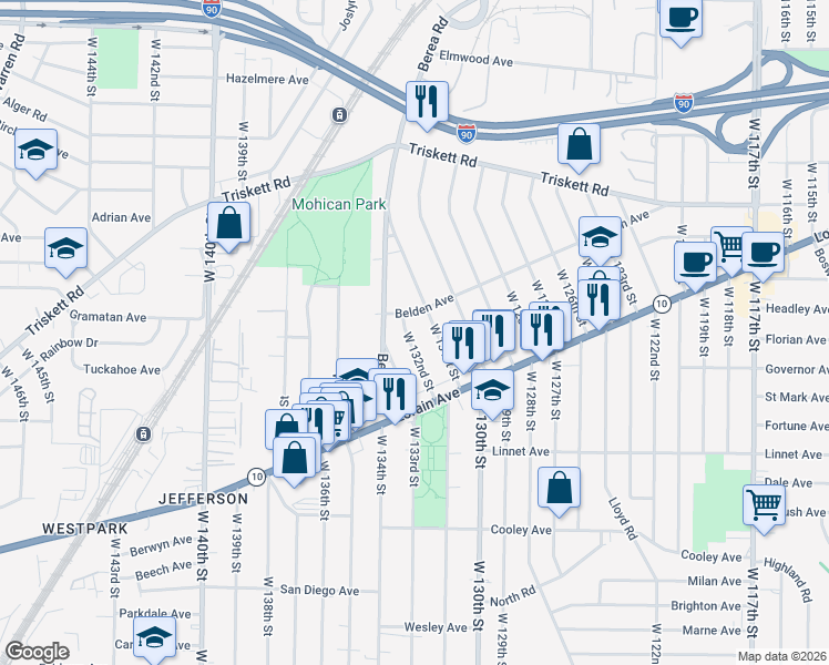 map of restaurants, bars, coffee shops, grocery stores, and more near 3398 West 131st Street in Cleveland