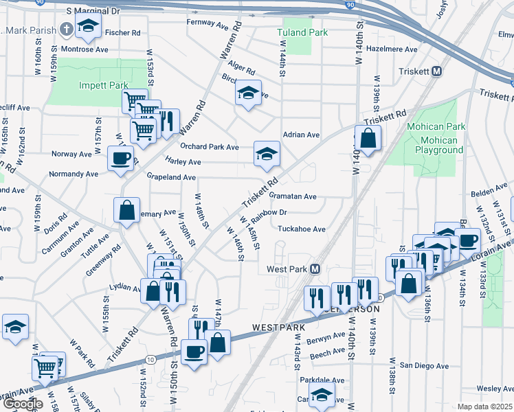 map of restaurants, bars, coffee shops, grocery stores, and more near 14475 Triskett Road in Cleveland