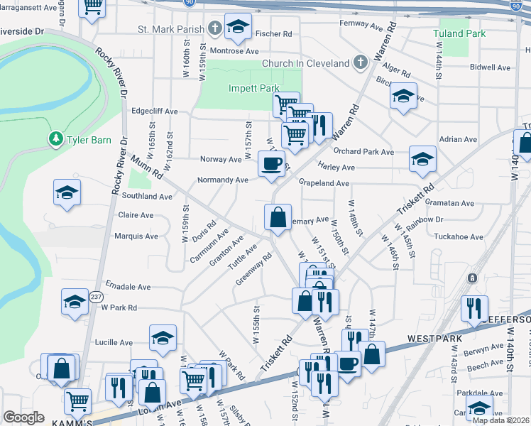 map of restaurants, bars, coffee shops, grocery stores, and more near 15521 Frick Court in Cleveland