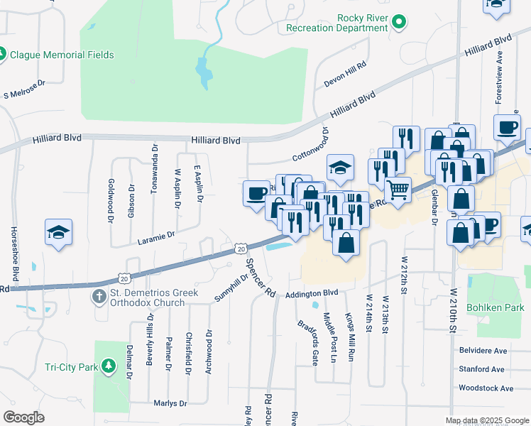 map of restaurants, bars, coffee shops, grocery stores, and more near 22160 Center Ridge Road in Rocky River