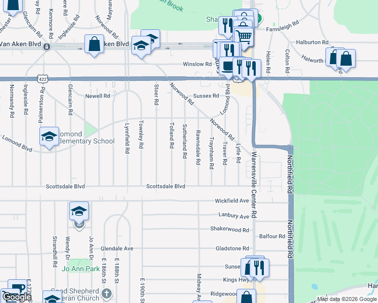 map of restaurants, bars, coffee shops, grocery stores, and more near 3665 Sutherland Road in Shaker Heights