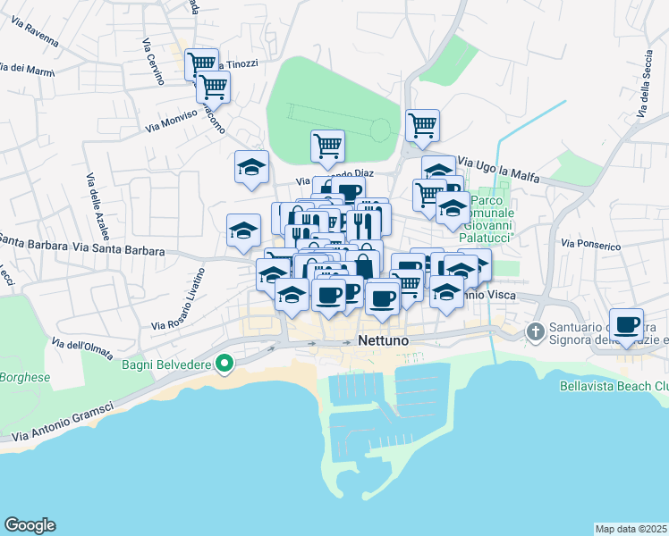 map of restaurants, bars, coffee shops, grocery stores, and more near 38 Via 25 Luglio in Nettuno