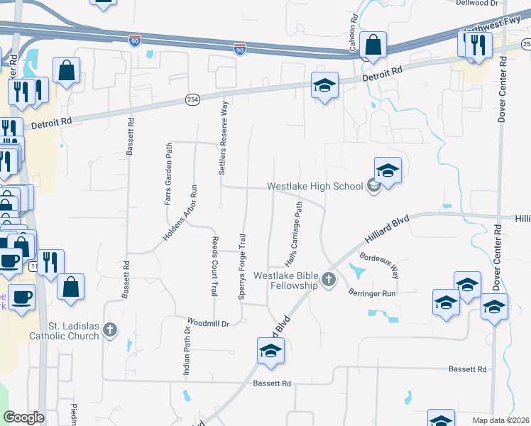 map of restaurants, bars, coffee shops, grocery stores, and more near 1826 Coes Post Run in Westlake