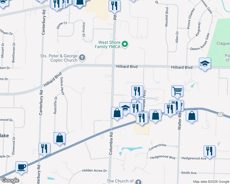 map of restaurants, bars, coffee shops, grocery stores, and more near 1903 Columbia Road in Westlake