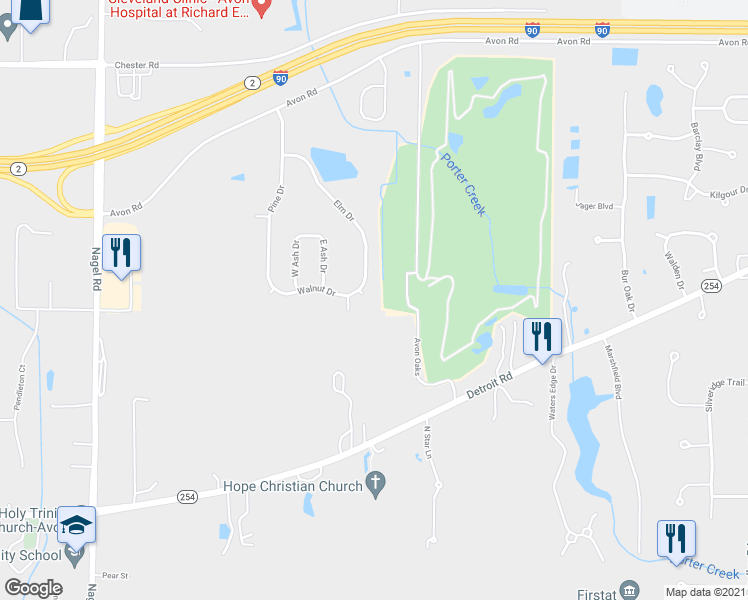map of restaurants, bars, coffee shops, grocery stores, and more near 1687 Elm Drive in Avon