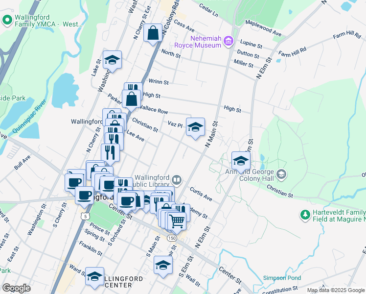 map of restaurants, bars, coffee shops, grocery stores, and more near 181 North Whittlesey Avenue in Wallingford