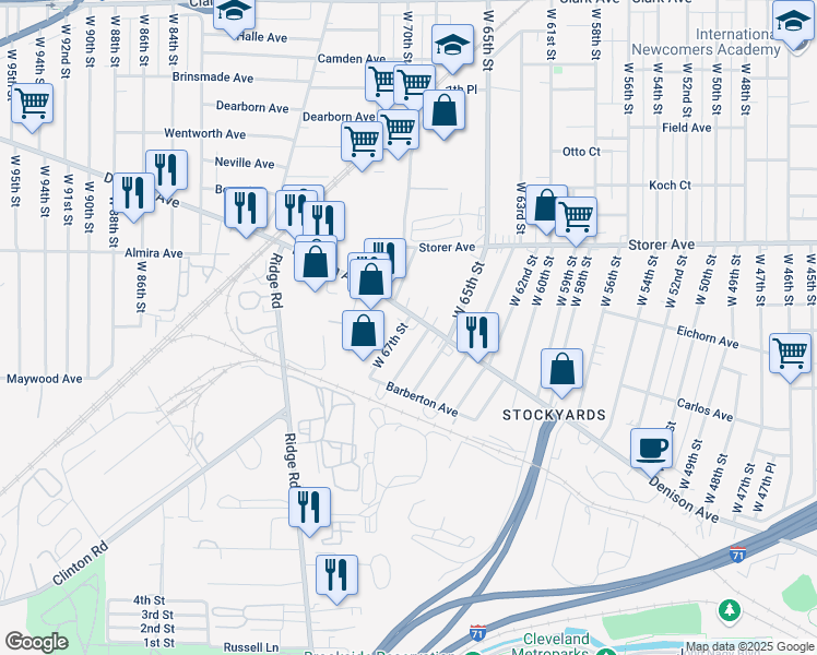 map of restaurants, bars, coffee shops, grocery stores, and more near 3527 West 67th Street in Cleveland