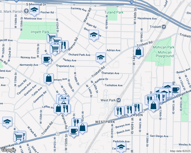 map of restaurants, bars, coffee shops, grocery stores, and more near 14475 Triskett Rd in Cleveland