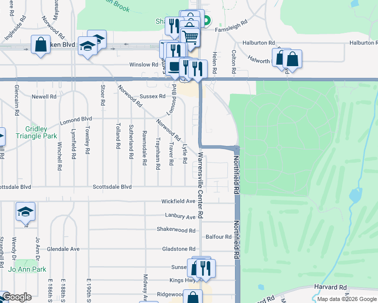 map of restaurants, bars, coffee shops, grocery stores, and more near 3661 Lytle Road in Shaker Heights