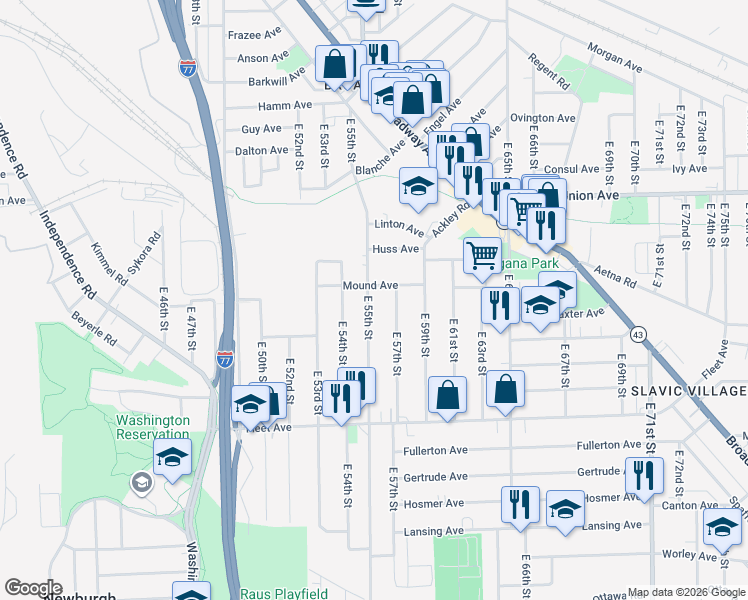 map of restaurants, bars, coffee shops, grocery stores, and more near 3607 East 55th Street in Cleveland
