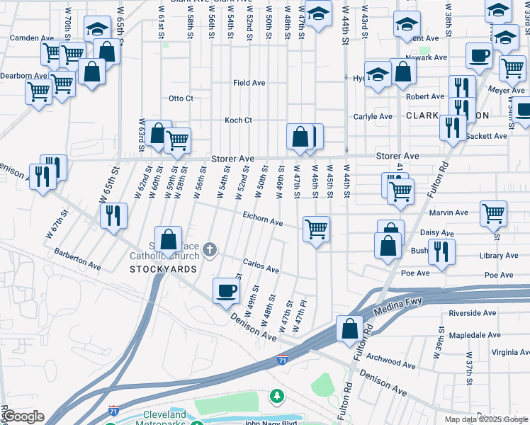 map of restaurants, bars, coffee shops, grocery stores, and more near 4926 Eichorn Ave in Cleveland