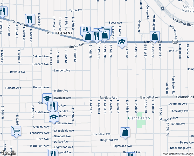 map of restaurants, bars, coffee shops, grocery stores, and more near 3656 East 142nd Street in Cleveland