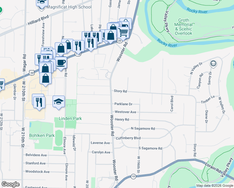 map of restaurants, bars, coffee shops, grocery stores, and more near 19555 Story Rd in Rocky River