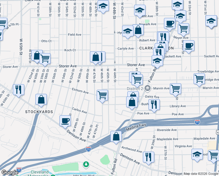 map of restaurants, bars, coffee shops, grocery stores, and more near 3469 West 45th Street in Cleveland