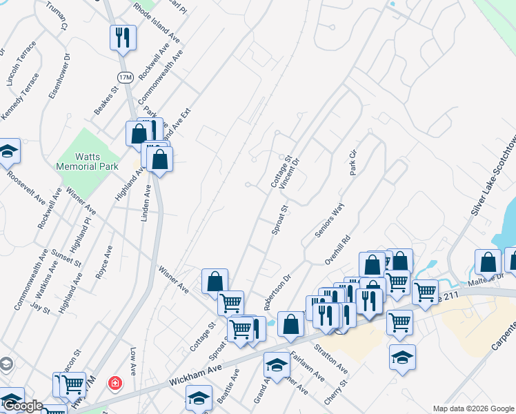 map of restaurants, bars, coffee shops, grocery stores, and more near 267 Cottage Street in Middletown