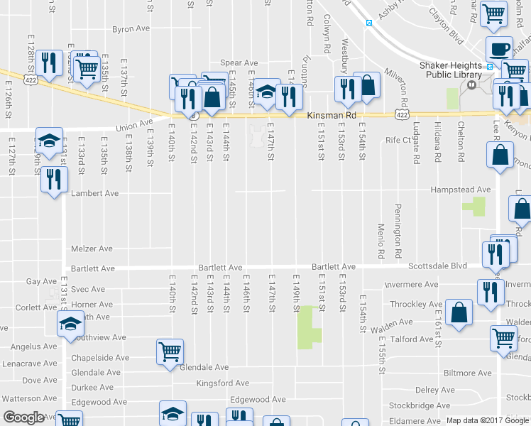 map of restaurants, bars, coffee shops, grocery stores, and more near 3656 East 147th Street in Cleveland