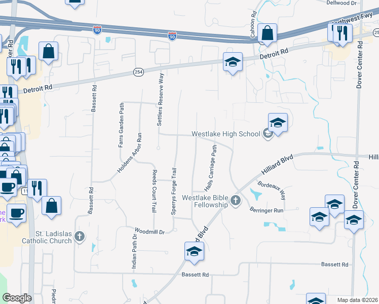 map of restaurants, bars, coffee shops, grocery stores, and more near 1826 Coes Post Run in Westlake
