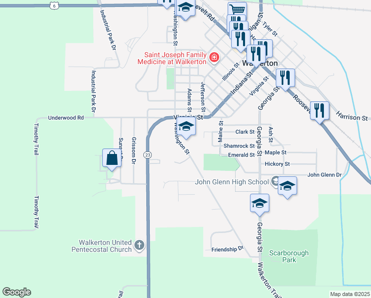 map of restaurants, bars, coffee shops, grocery stores, and more near 805 Washington Street in Walkerton