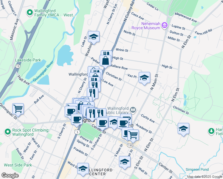 map of restaurants, bars, coffee shops, grocery stores, and more near 114 William Street in Wallingford
