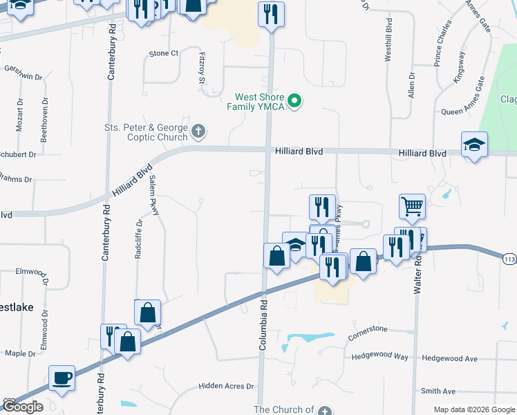 map of restaurants, bars, coffee shops, grocery stores, and more near 1900 Columbia Road in Westlake