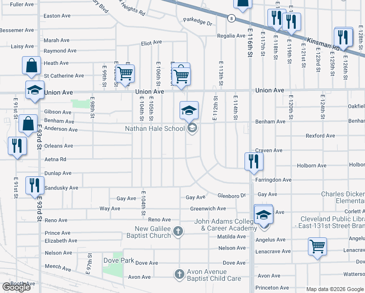map of restaurants, bars, coffee shops, grocery stores, and more near 3628 East 110th Street in Cleveland