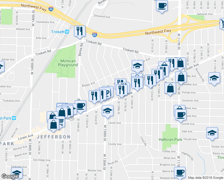 map of restaurants, bars, coffee shops, grocery stores, and more near 3411 W 129th St in Cleveland