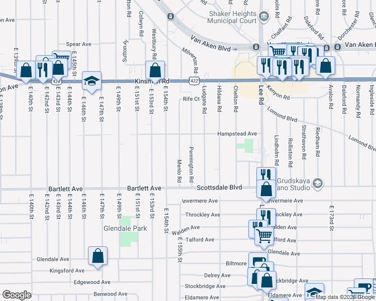 map of restaurants, bars, coffee shops, grocery stores, and more near 3662 Pennington Road in Shaker Heights