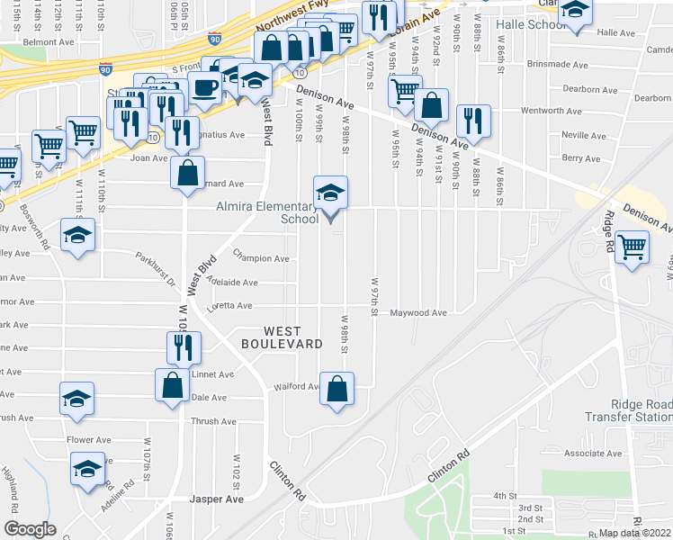 map of restaurants, bars, coffee shops, grocery stores, and more near 3444 W 98th St in Cleveland