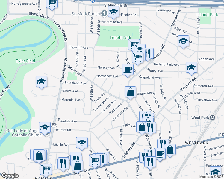 map of restaurants, bars, coffee shops, grocery stores, and more near 3419 West 157th Street in Cleveland