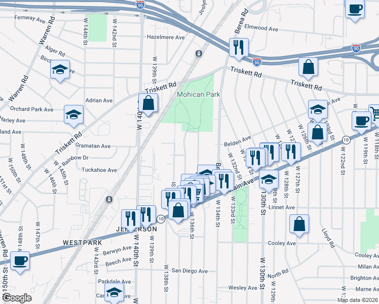 map of restaurants, bars, coffee shops, grocery stores, and more near 3403 W 136th St in Cleveland