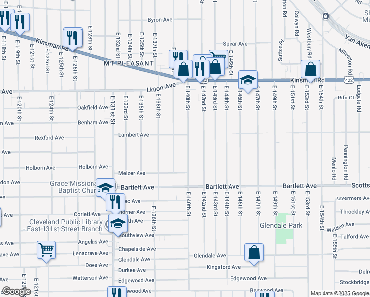 map of restaurants, bars, coffee shops, grocery stores, and more near 3658 East 140th Street in Cleveland