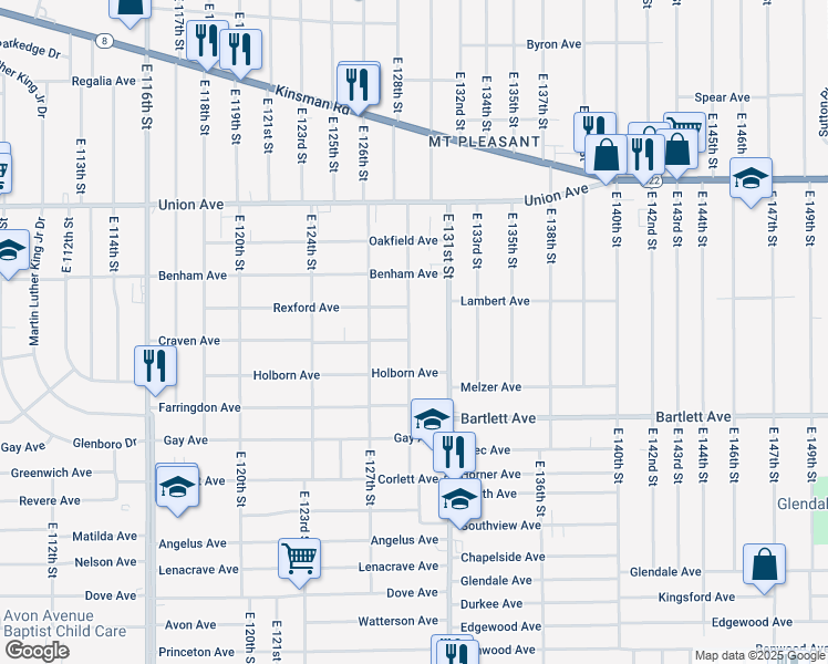 map of restaurants, bars, coffee shops, grocery stores, and more near 3633 East 129th Street in Cleveland
