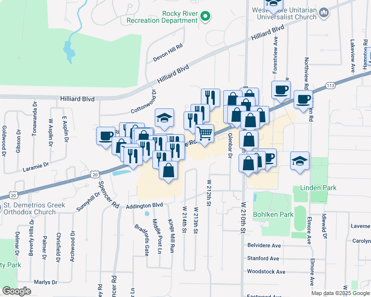 map of restaurants, bars, coffee shops, grocery stores, and more near 21581 Center Ridge Road in Rocky River