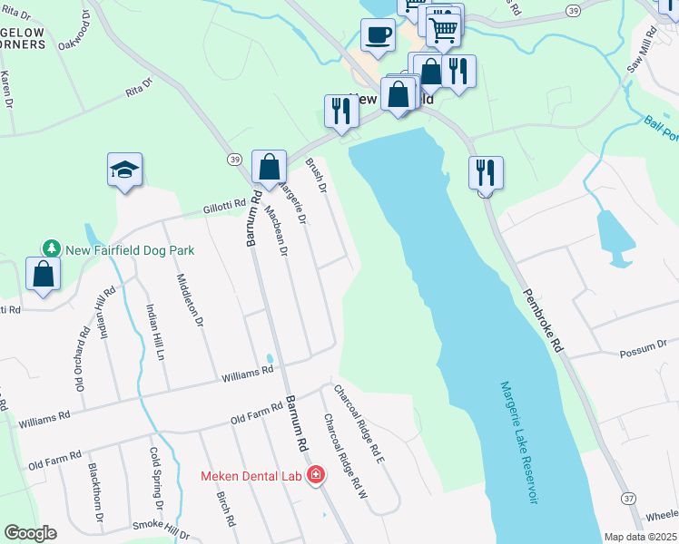 map of restaurants, bars, coffee shops, grocery stores, and more near 17 Brush Drive in New Fairfield