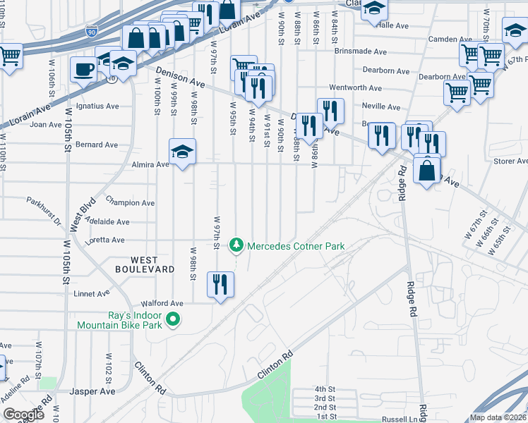 map of restaurants, bars, coffee shops, grocery stores, and more near 3452 West 91st Street in Cleveland