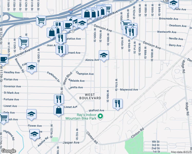 map of restaurants, bars, coffee shops, grocery stores, and more near 3431 West 100th Street in Cleveland