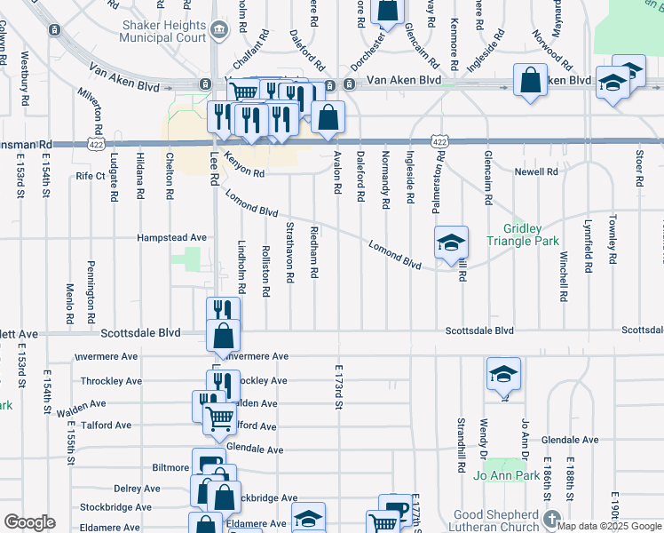 map of restaurants, bars, coffee shops, grocery stores, and more near 3662 Avalon Road in Shaker Heights