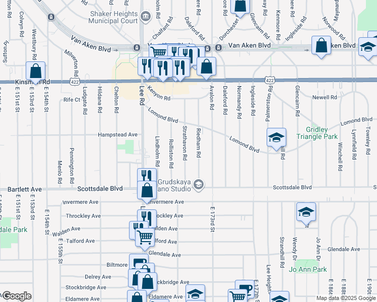 map of restaurants, bars, coffee shops, grocery stores, and more near 3663 Strathavon Road in Shaker Heights