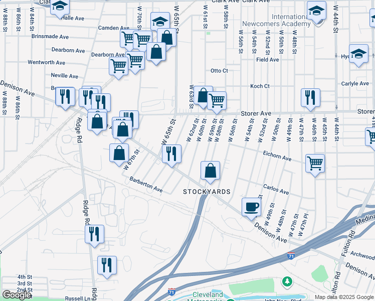 map of restaurants, bars, coffee shops, grocery stores, and more near 3467 West 62nd Street in Cleveland